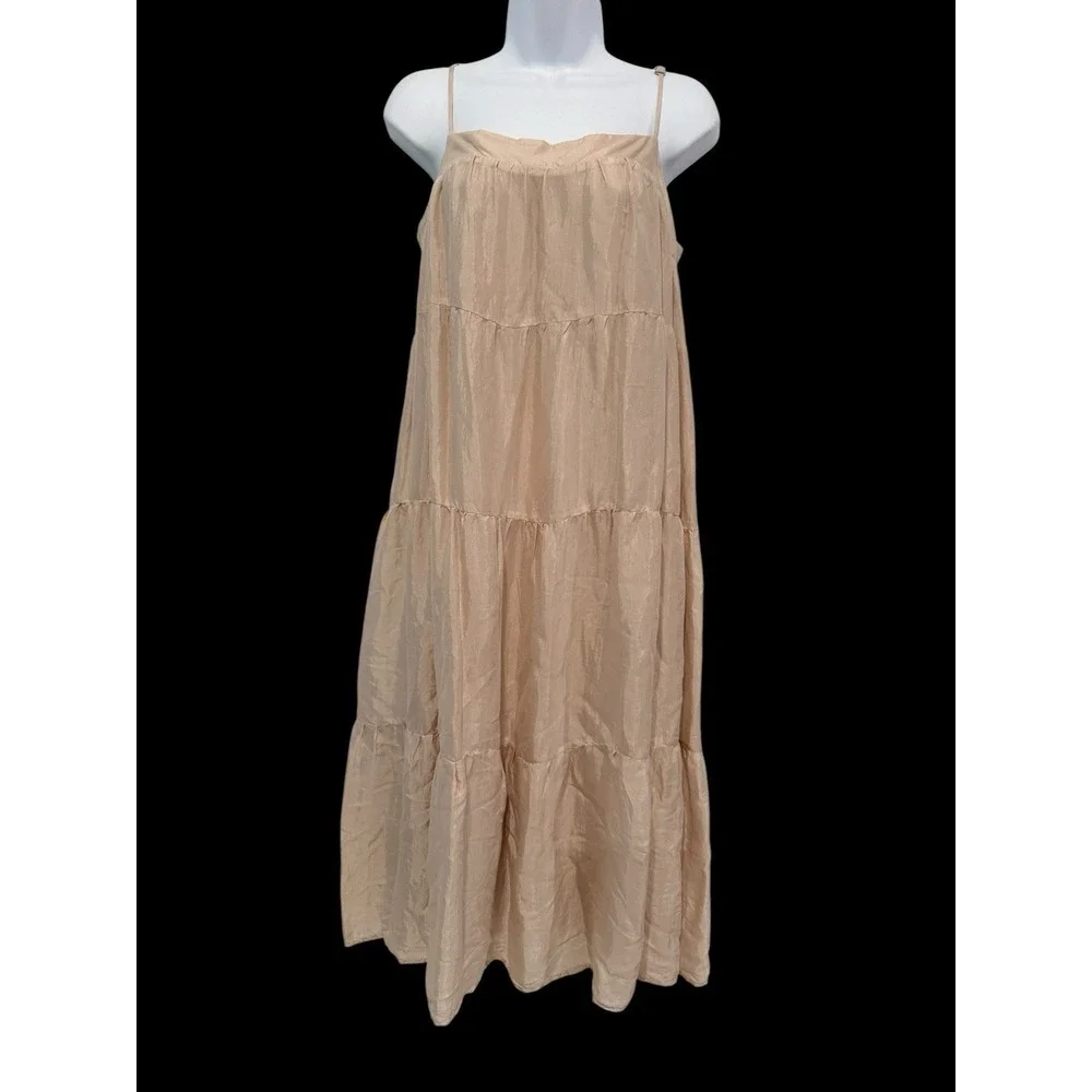 Bella Dahl Tiered Maxi Dress M Champagne Beige Silk Feel Strappy Boho Luxe